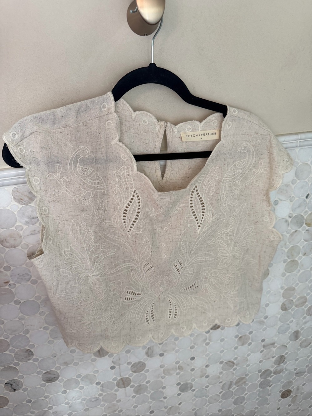 Stitch + Feather Cream Embroidered Linen-Blend Scallop Edge Camisole
